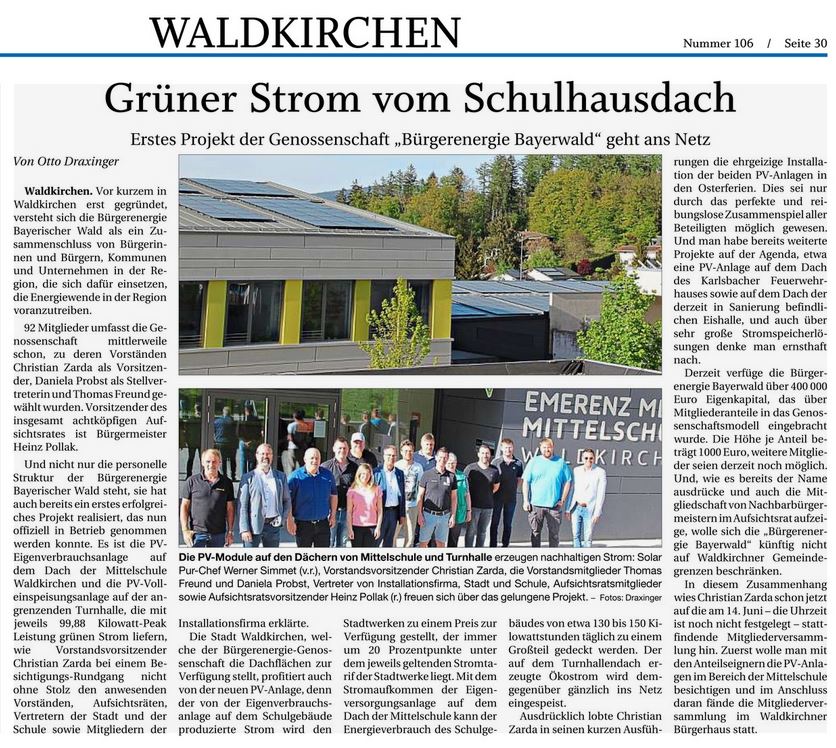 Grüner Strom vom Schulhausdach – PNP 07.05.2024